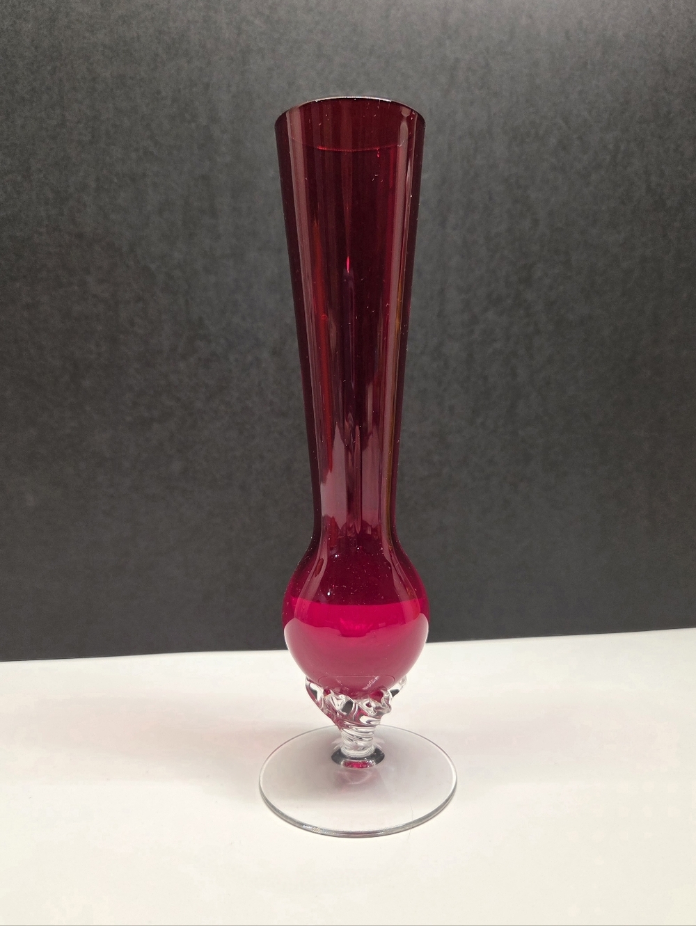 Mid Century Ruby Red Handblown Glass Bud Vase With Clear Twisted Base 8"